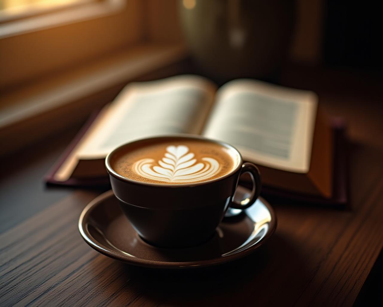 Café humeante junto a un libro clásico en un ambiente acogedor