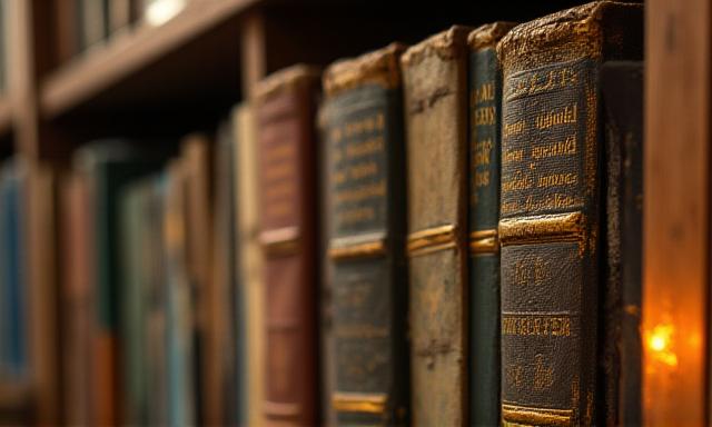 Primer plano de estanterías de madera con libros antiguos